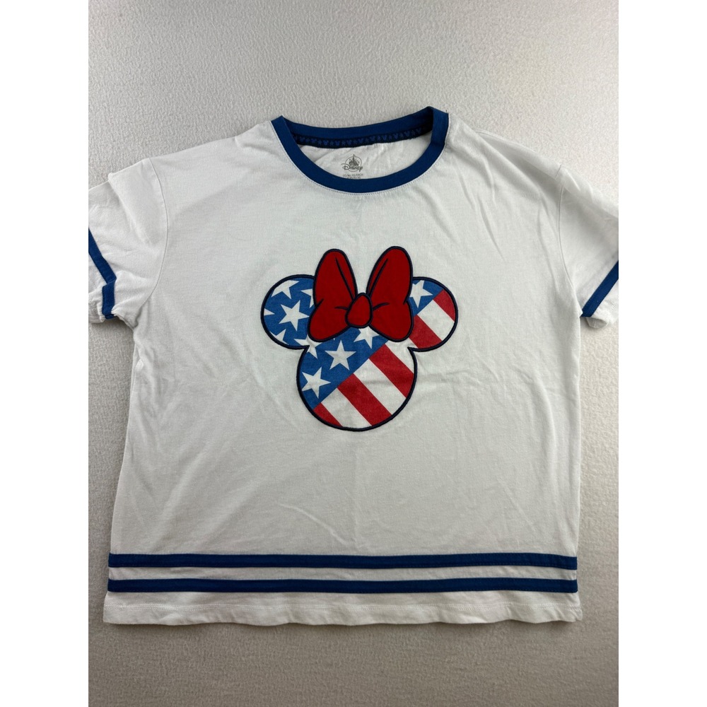 Disney Womens Minnie Mouse Patriotic Ringer T-Shirt White Stars Stripes XS